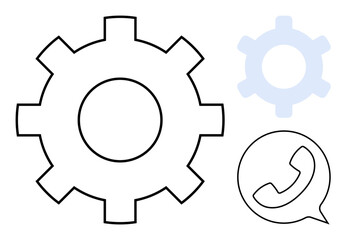 Gear and phone outline highlight collaboration, communication, system integration, and technical support. Ideal for teamwork, operations, networking, customer service, digital tools industry flat