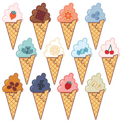Flavored ice cream in cones clipart set