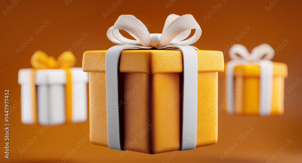 Poster colorful gifts with white bows appear to be floating against a warm background of fall hues, creatin
