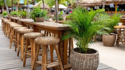 Empty Tropical Beach Bar Featuring Rattan Stools Surrounded by Lush Greenery