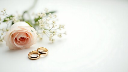 Minimalist photo of gold wedding rings with pale pink rose and baby's breath on white background, symbolizing love, elegance, purity, and timeless romance.