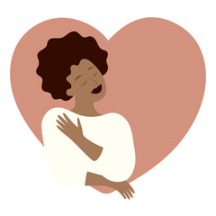Illustration concept of a woman hugging herself in front of a heart shape, symbolizing self-love and acceptance. Hand-drawn vector in flat style.