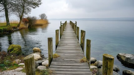 Obraz premium Misty Pier Stretching into Calm Sea at Early Morning Light in Serene Landscape