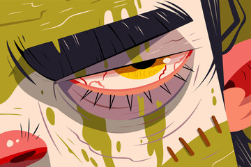 Flat graphic vector illustration of a zombie close-up. Features bloodshot eye, stitches, green decaying skin, and a dark eyebrow. Horror, Halloween, spooky, undead concept.