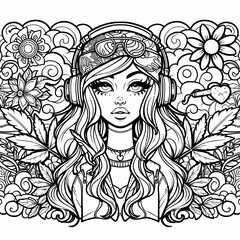Fototapeta premium Vibrant Line Art of a Stylish Girl with Headphones