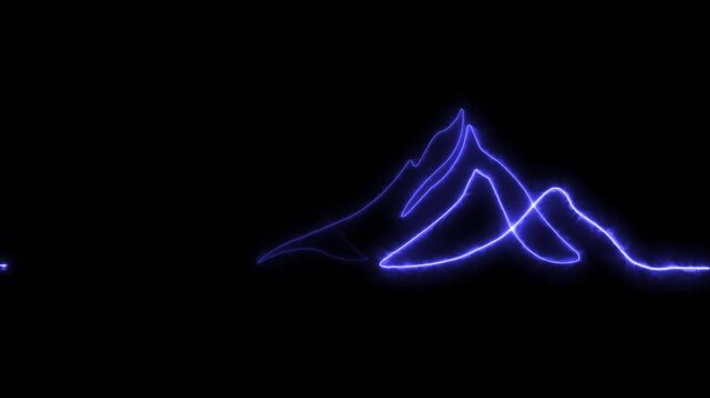 Neon glowing One continuous line drawing of mountain range landscape. Web banner with mounts in simple linear style. Adventure winter sports concept isolated on white background.