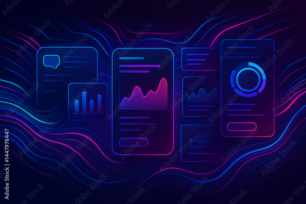 Poster a futuristic digital interface showcasing various data visualizations with vibrant neon colors