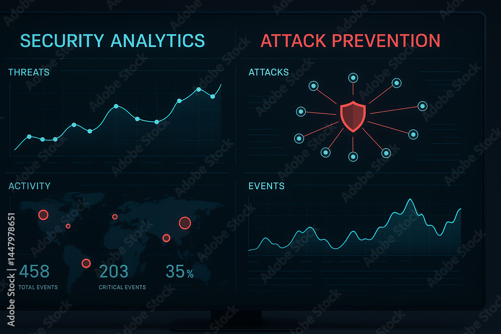 Poster a detailed visualization of security analytics showcasing threats, activity levels, and attack preve