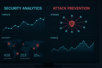 A detailed visualization of security analytics showcasing threats, activity levels, and attack prevention strategies displayed on a dark-themed digital dashboard.