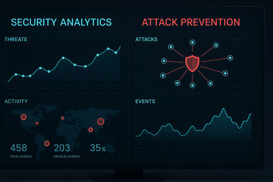 A detailed visualization of security analytics showcasing threats, activity levels, and attack prevention strategies displayed on a dark-themed digital dashboard.
