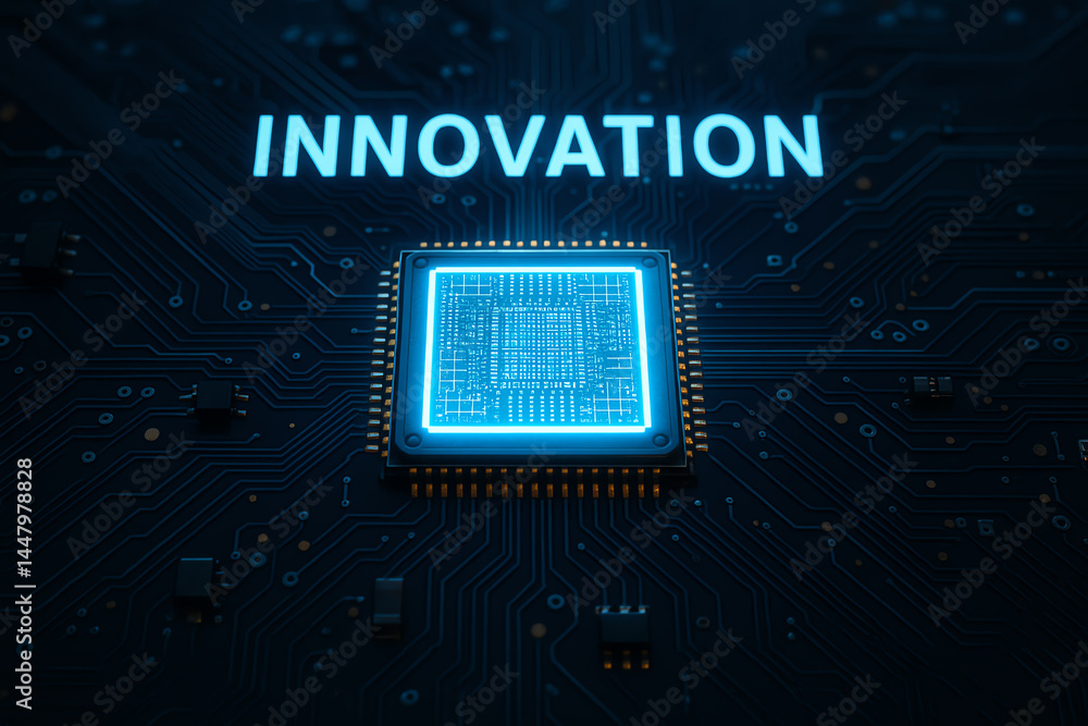 Aufkleber a close-up view of an electronic microchip illuminated with the word 'innovation' above it, symboliz