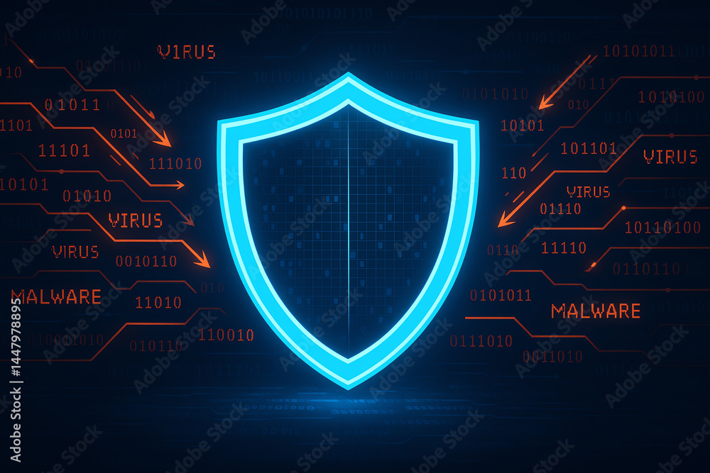 Poster a glowing blue shield emblem representing digital security, surrounded by data streams indicating th