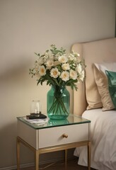 Stylish floral arrangement in glass vase; beige nightstand, emerald green sheets,  calm,  plant