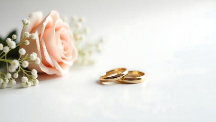 Minimalist photo of gold wedding rings with pale pink rose and baby's breath on white background, symbolizing love, elegance, purity, and timeless romance.