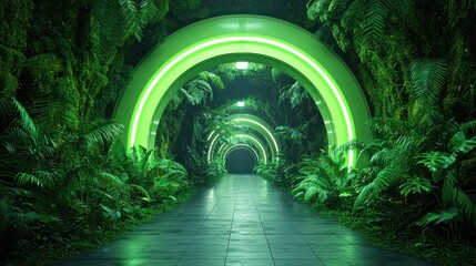 Obraz premium Green Transport Tunnel Cross Section with Futuristic Design and Lush Flora
