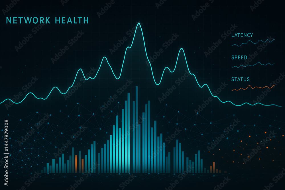 Poster a visually striking representation of network health, featuring dynamic graphs showcasing latency, s