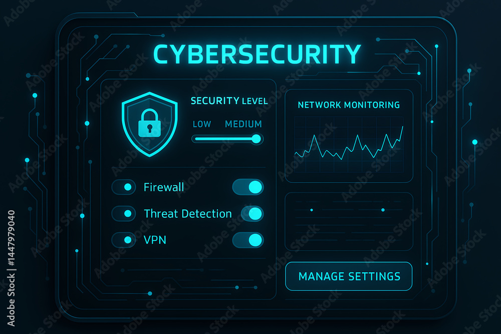 Poster futuristic cybersecurity interface showcasing security settings, including firewall, threat detectio
