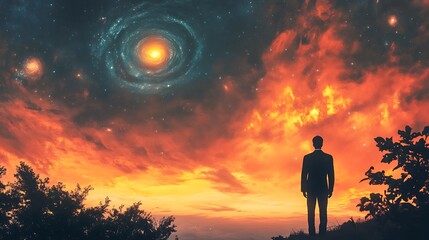 Surreal sunrise where the sky is painted in swirling galaxies and glowing nebulae.