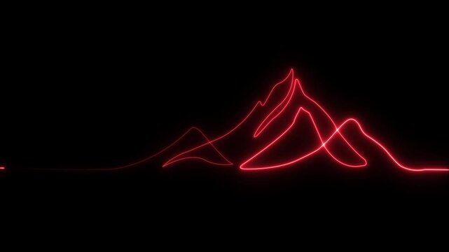 Neon glowing One continuous line drawing of mountain range landscape. Web banner with mounts in simple linear style. Adventure winter sports concept isolated on white background.