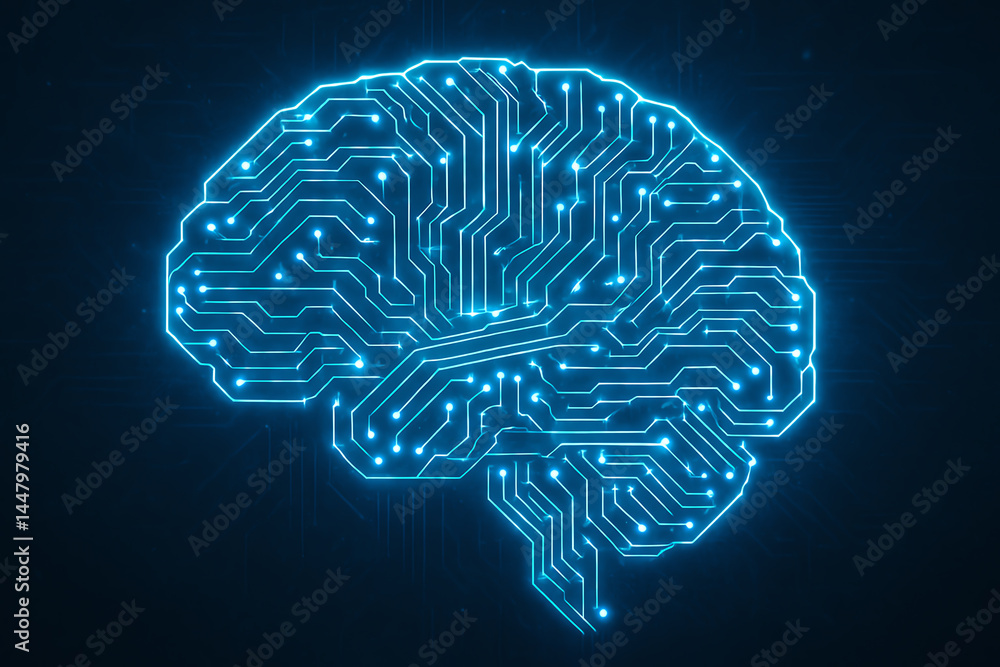 Poster a digital representation of a brain composed of intricate circuit patterns glowing in blue