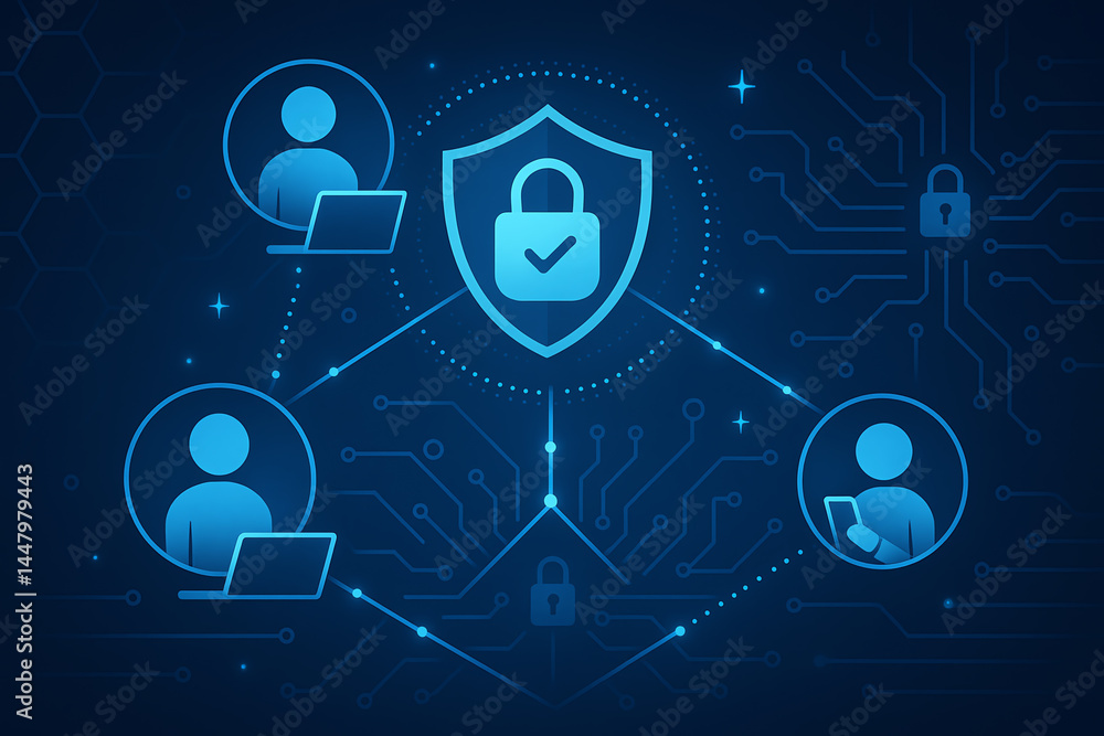 Aufkleber a futuristic digital network emphasizes cybersecurity with interconnected users
