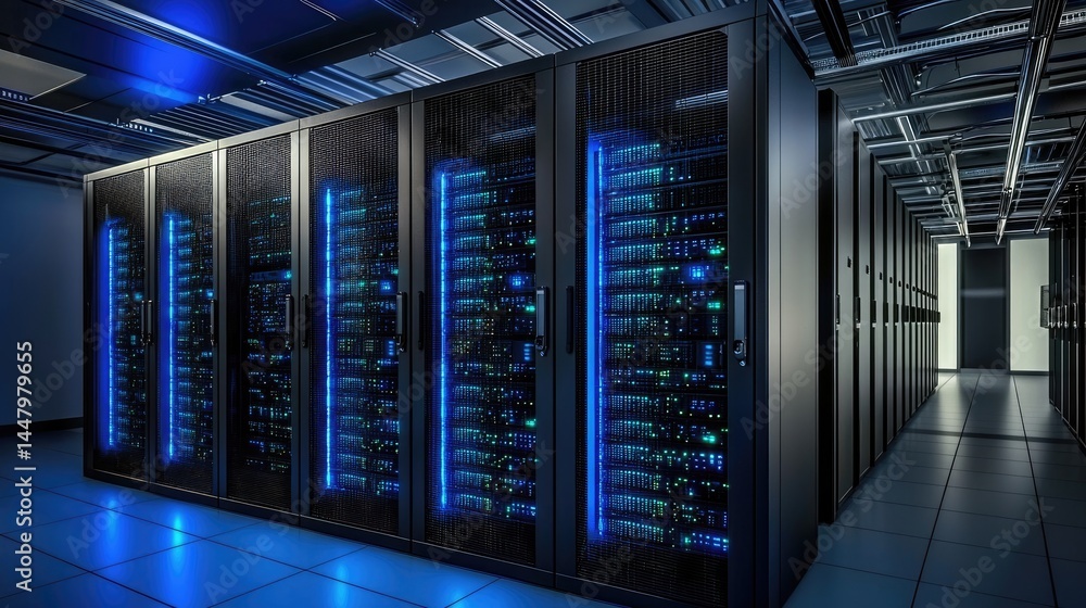 Aufkleber data center with futuristic cable infrastructure and blue lights, ideal for digital network backgrou