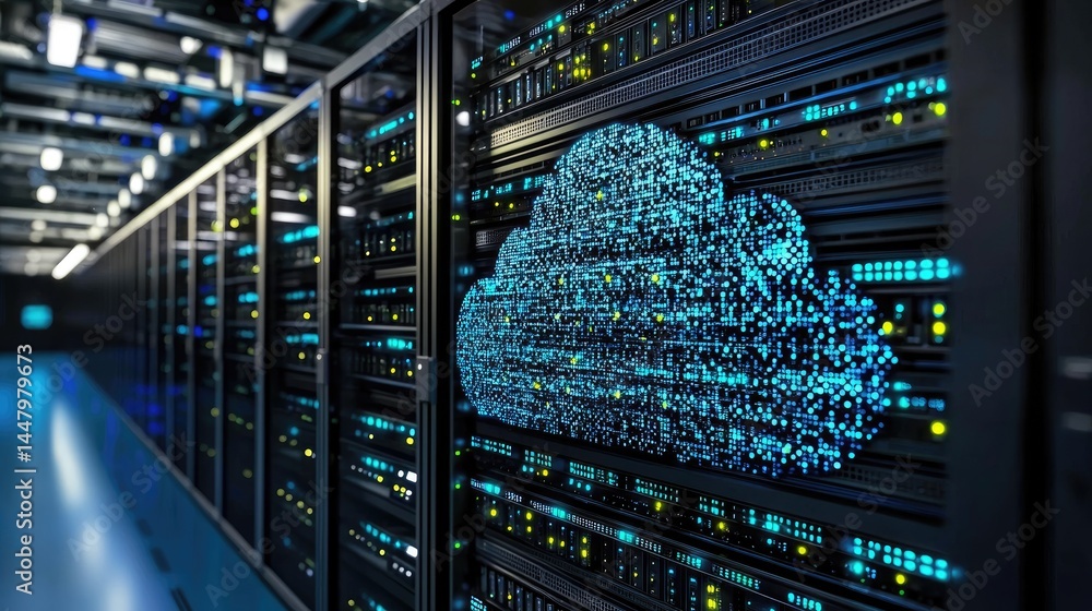 Poster elegant data center with glowing blue servers and high-tech infrastructure, ideal for futuristic tec