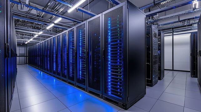 Bright blue glowing server cabinets in a modern secure server room, suitable for cybersecurity, IT support, and network backup ads
