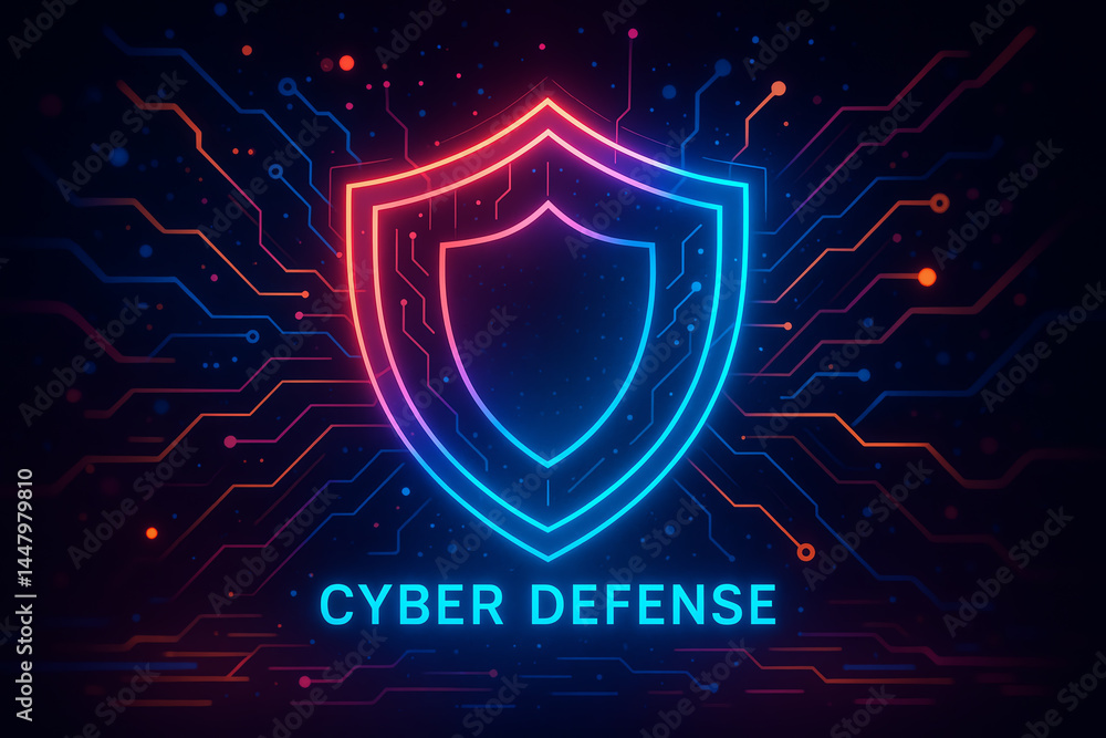 Poster a vibrant digital illustration representing cyber defense with a glowing shield and circuit patterns