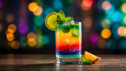 Rainbow layered mocktail in crystal glass, citrus slices, mint sprig, bokeh light effects