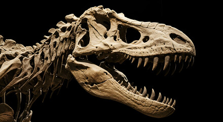 Naklejka premium Fossilized Dinosaur Skeleton Specimen Against a Black Background in a Museum Exhibit Display