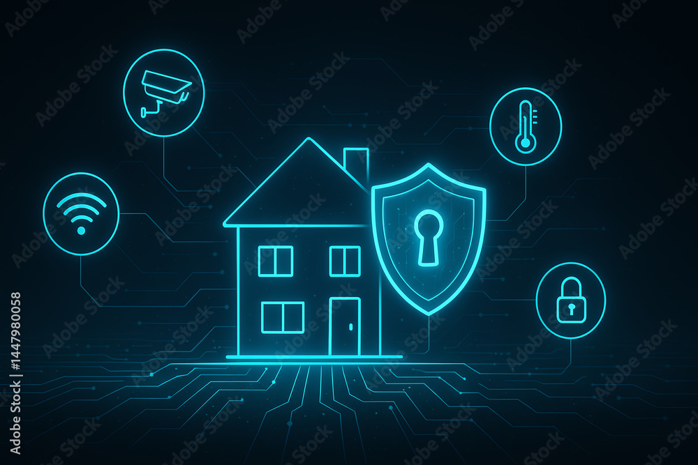 Poster a conceptual image of a modern smart home with security features depicted in neon blue. illustrates 