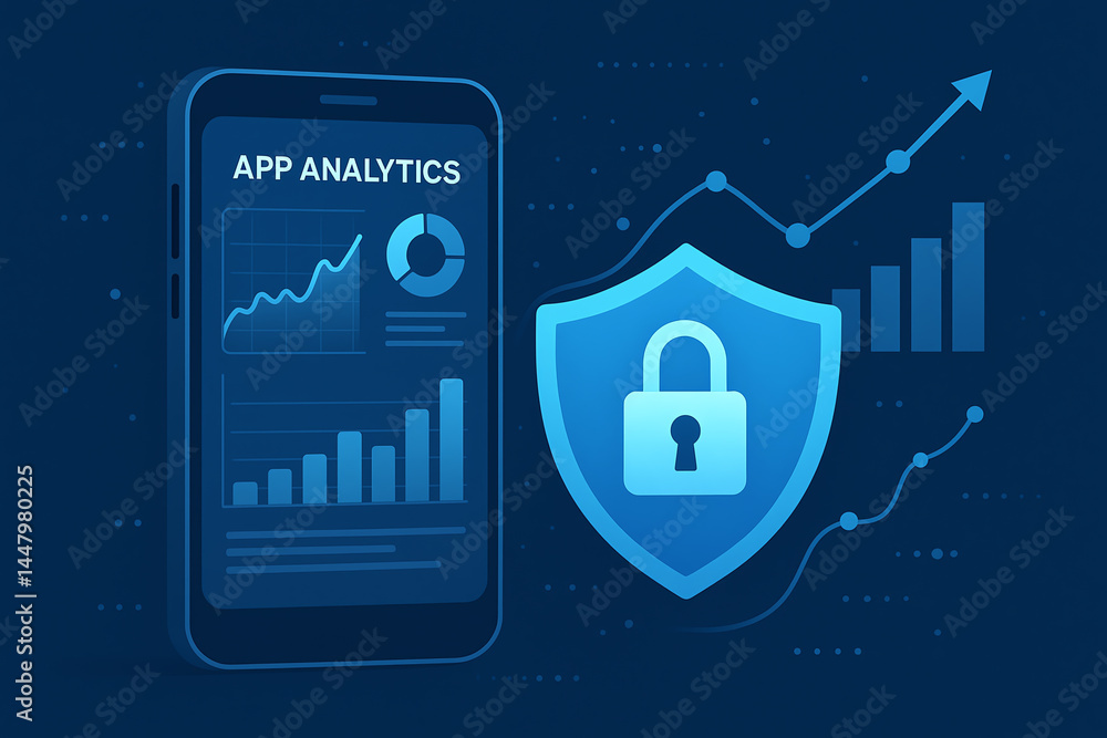 Poster a modern digital illustration showcasing smartphone app analytics alongside a shield symbolizing dat