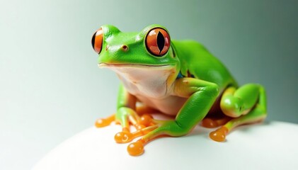 Obraz premium Green tree frog perched on white, vibrant skin, vibrant, nature
