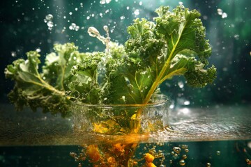 Fresh kale being washed with water creating a beautiful splash and refreshing image.
