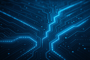 Fototapeta premium An abstract close-up of a futuristic circuit board illuminated by blue lights, showcasing intricate pathways and connections that symbolize advanced technology and innovation.