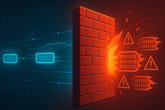 An artistic representation of a firewall protecting against cyber threats, showcasing binary code, warning signs, and a barrier against digital attacks.