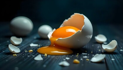selective focus of broken eggshell with yellow yolk near eggs on wooden table