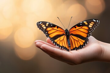Obraz premium Monarch butterfly gently resting on open hand in golden sunlight
