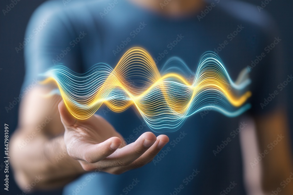 Poster a person demonstrating sound waves with colorful graphics in a dark studio setting