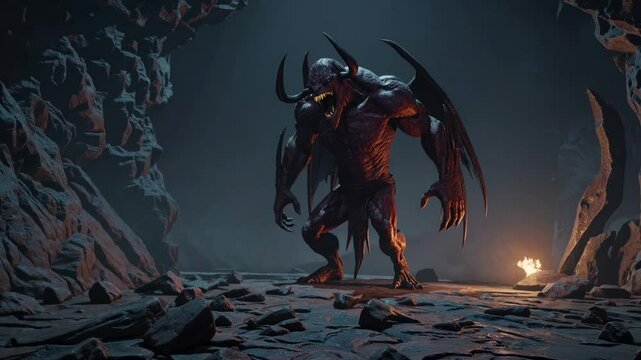 A low-angle shot of a menacing creature in a dark cave, emphasizing its size and power. The scene has a cinematic, video game-like style.