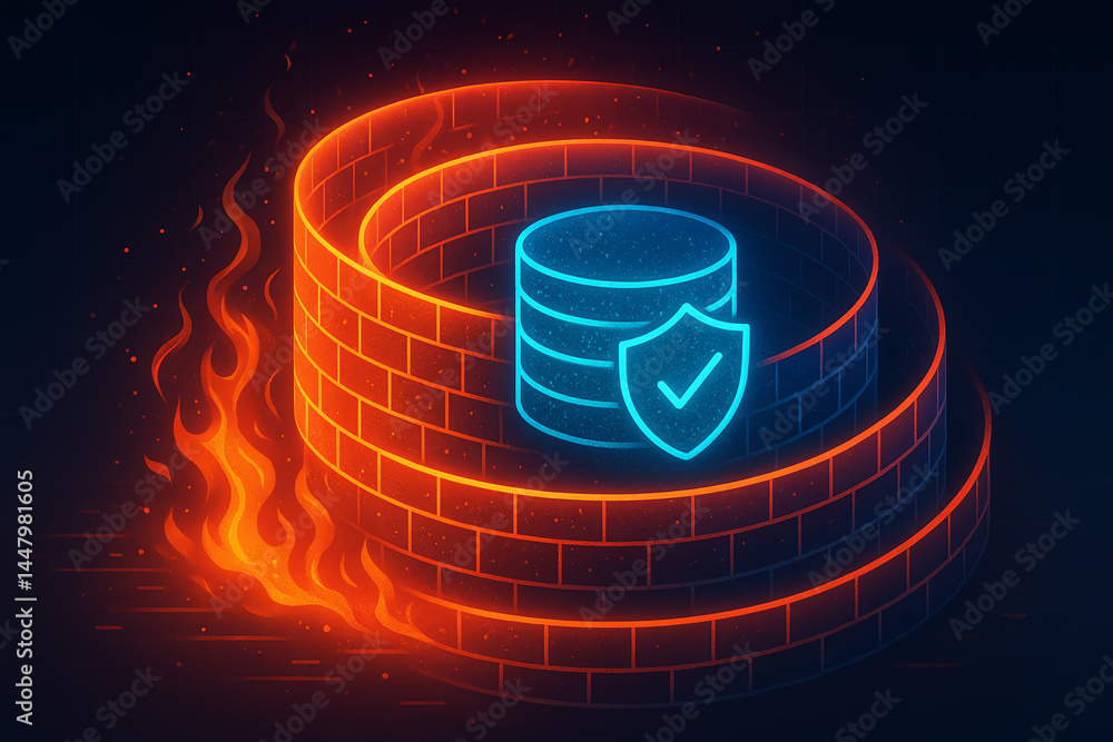 Poster a vibrant digital illustration depicting data security with a firewall, showcasing a database protec