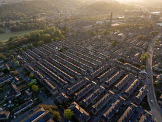 Aerial View of Victorian Saltaire Village and Surroundings at Sunrise