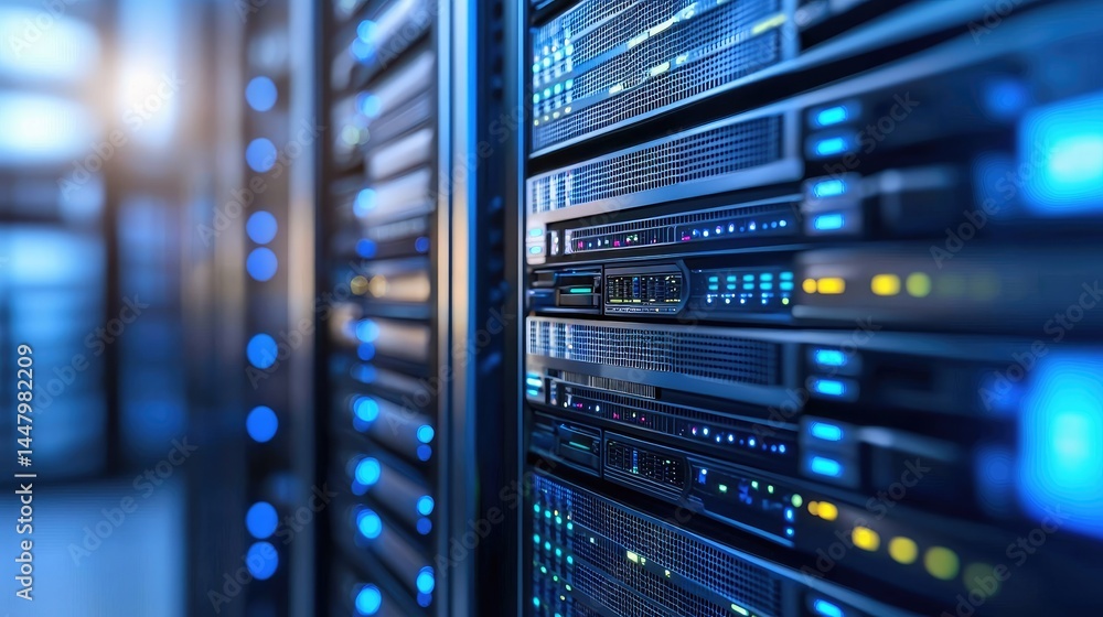 Poster close angle of modern server units with bokeh and warm light flares, ideal for cloud infrastructure,