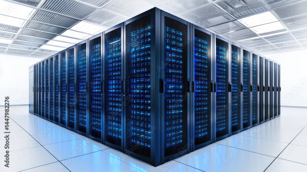 Poster Brightly lit clean data center with rows of secure server cabinets and glowing panels, suitable for IT infrastructure and cloud technology visuals