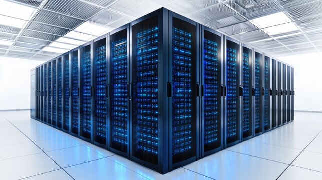 Brightly lit clean data center with rows of secure server cabinets and glowing panels, suitable for IT infrastructure and cloud technology visuals