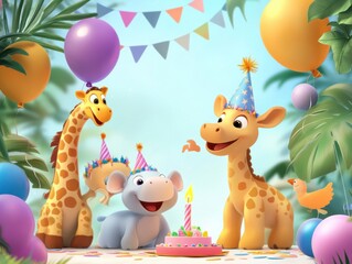 Obraz premium Smiling animal cartoon scene with birthday hats and balloons, party mood