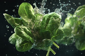 A captivating shot of fresh spinach leaves being splashed with water in a dynamic composition.