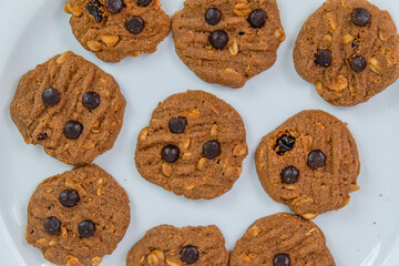 Plate of Homemade Chocolate Chip and Peanut Cookies for a Sweet Dessert