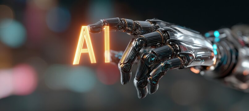 Dark chrome robot hand reaching for ai hologram in digital network